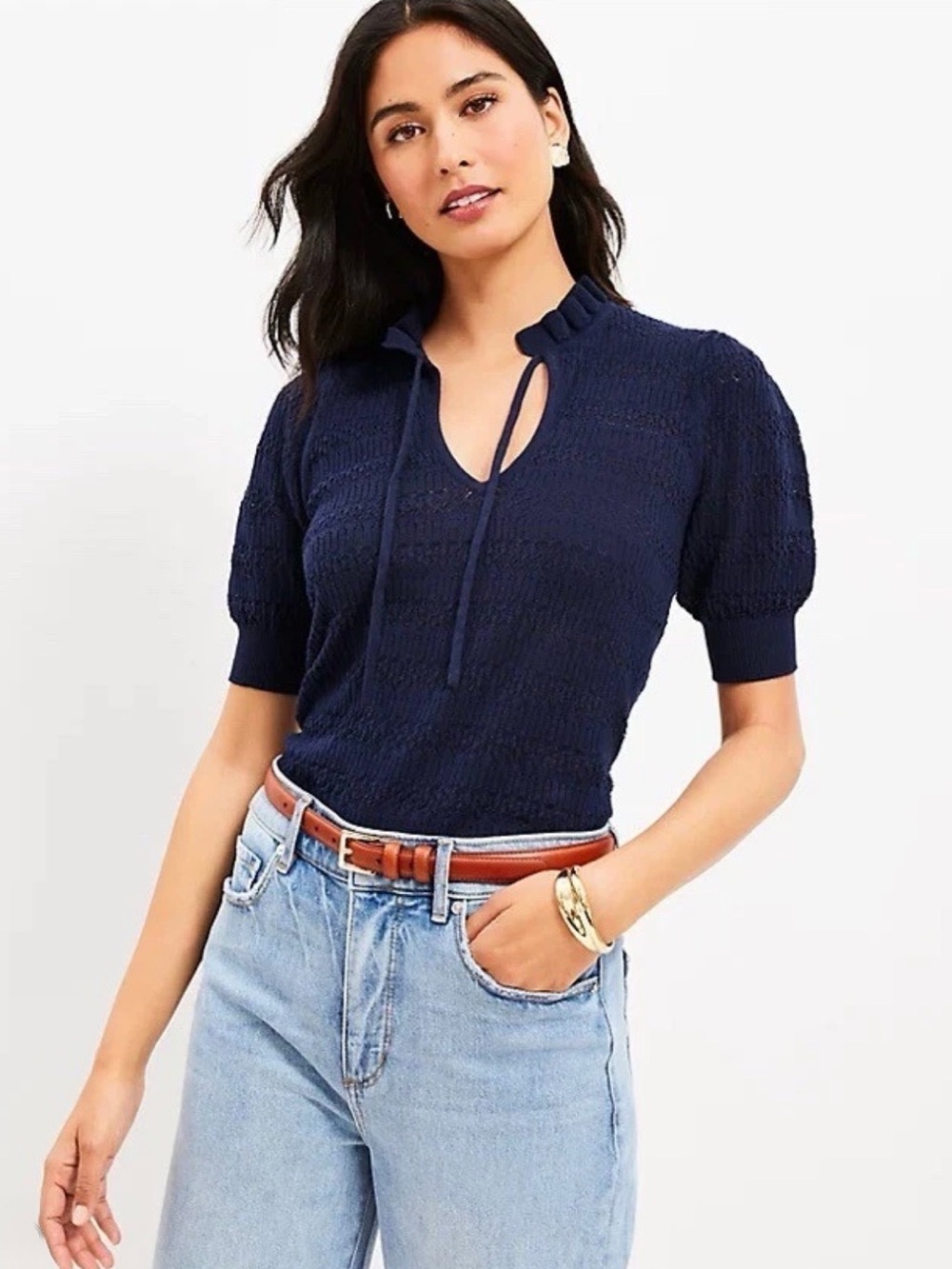 LOFT Navy Open Knit Pointelle Tie-Neck Short Sleeve Knit Top
